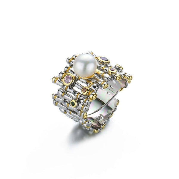 925 sterling silver zircon pearl rings gold adjustable natural freshwater Baroque pearl wave rings for women 925 jewelry gift